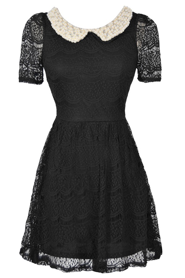 Pearl and Rhinestone Embellished Peter Pan Collar Lace Dress in Black