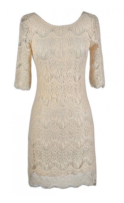 Lily Boutique Beige Lace Dress, Beige Lace Rehearsal Dinner Dress, Beige Lace Bridal Shower ...