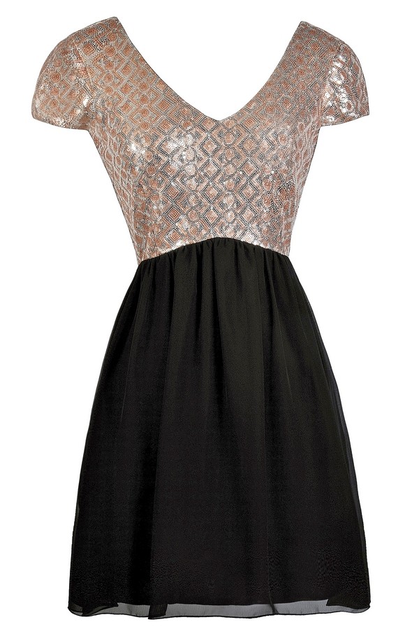 Lily Boutique Black and Gold Party Dress, Cute Cocktail Dress, Sequin