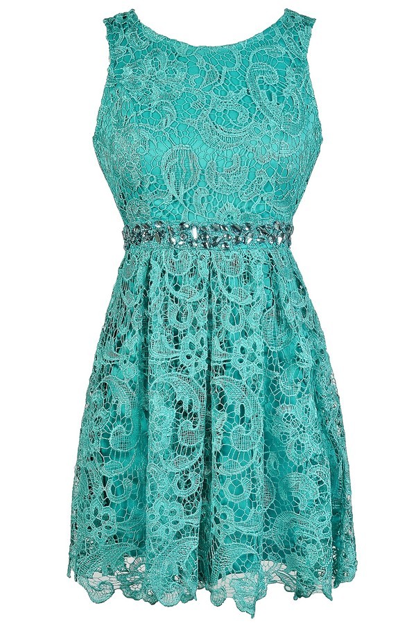 Lily Boutique Teal Lace Rhinestone Dress, Teal Lace ALine Dress, Cute