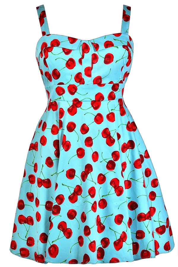 Cheerful Cherry Blue Printed Fit and Flare Dress- Plus Size
