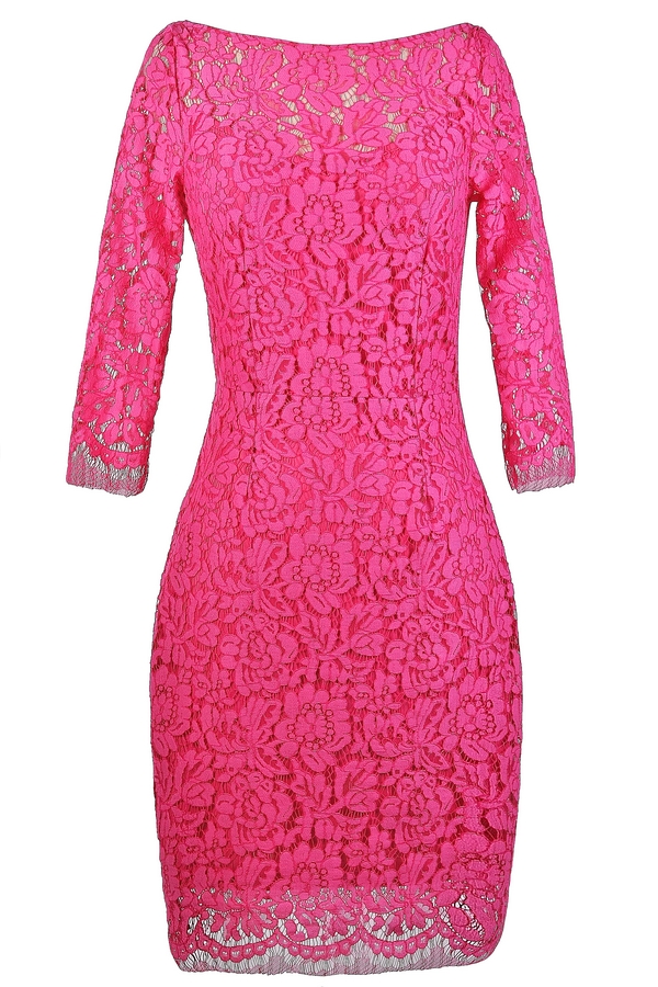 Hot Pink Lace Sheath Dress, Cute Hot ...