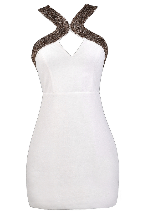 White and Gold Embellished Party Dress White and Gold Cocktail Dress Little White Dress Lily Boutique