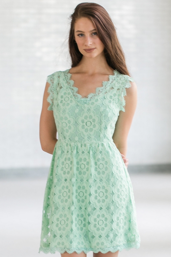 Sage Green Lace A-Line Dress, Sage Green Bridesmaid Dress, Cute