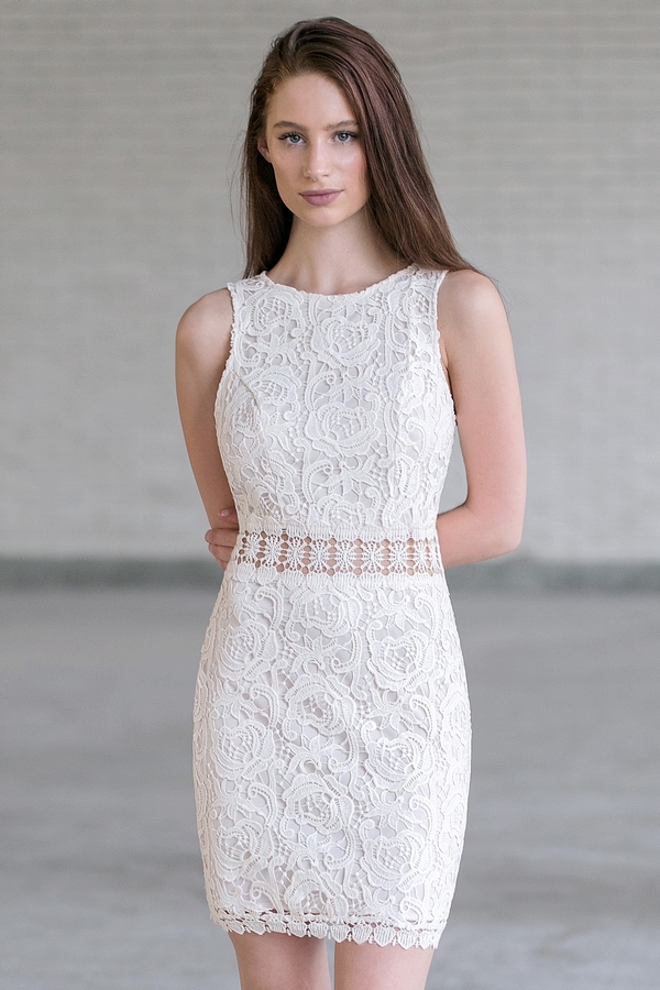 Beige Lace Sheath Dress, Lace Rehearsal 