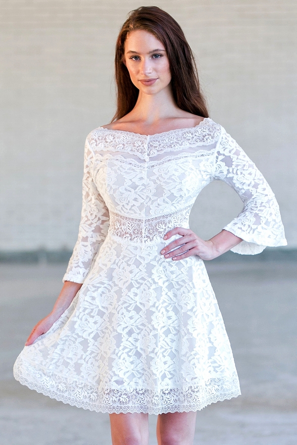 Ivory Bell Sleeve Lace Dress Cute Rehearsal Dinner Dress