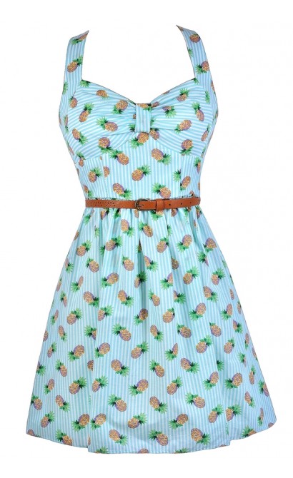 Pineapple Print Dress, Stripe Pineapple Dress, Fruit Print Dress, Cute Summer Dress, Blue Stripe Pineapple Dress, Cute Summer Dress, Retro Pineapple Dress