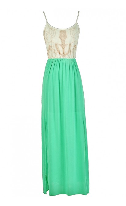 Mint and Beige Embroidered Maxi Dress, Cute Maxi Dress, Summer Maxi Dress, Green and Beige Maxi Dress, Mint Embroidered Maxi Dress, Bohemian Maxi Dress