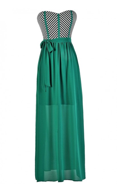 Jade Maxi Dress, Colorblock Stripe Maxi Dress, Summer Maxi Dress, Strapless Summer Maxi, Jade Green Maxi Dress