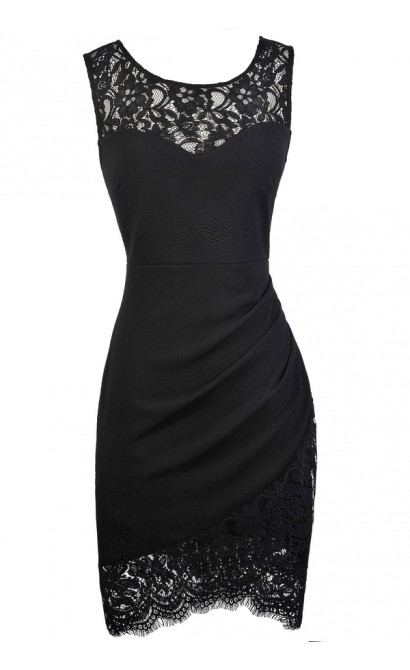 Black Lace Trim Pencil Dress, Black Lace Crossover Hem Pencil Dress ...