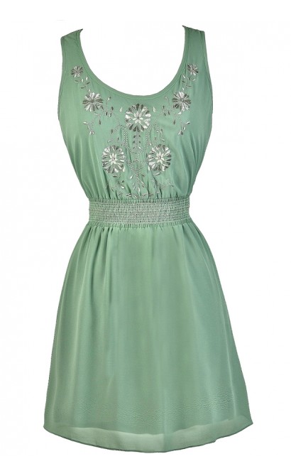 Sage Embroidered Dress, Sage Green Sundress, Sage Green A-Line Dress, Cute Summer Dress, Sage Green Casual Dress