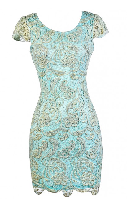 Aqua and Gold Lace Dress, Aqua Capsleeve Lace Dress, Aqua Lace Pencil Dress, Sky Blue Lace Pencil Dress, Pale Blue and Gold Lace Pencil Dress, Blue and Gold Lace Dress