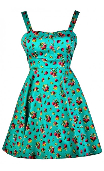 Lily Boutique Retro Fruit Print Dress, Cranberry Print Dress, Teal A ...