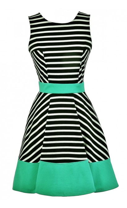 Black White and Green Colorblock Stripe Dress, Black and White Stripe A-Line Dress, Jade Green Colorblock Stripe Dress, Nautical Stripe Dress, Black and White Stripe Party Dress