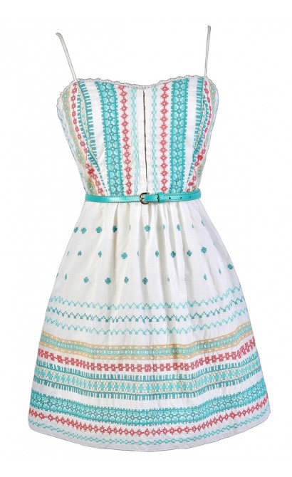 Cute Summer Dress, Cute Sundress, Embroidered Sundress, Embroidered Summer Dress, Cute Embroidered Dress, Belted Sundress, Belted Summer Dress, Coral and Aqua Embroidered Dress