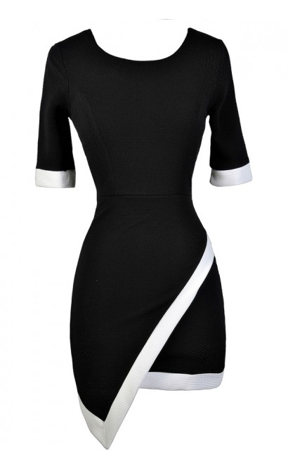Black and White Pencil Dress, Black and White Asymetrical Pencil Dress, Black and White Crossover Hemline Dress, Little Black Dress, Cute Black Dress