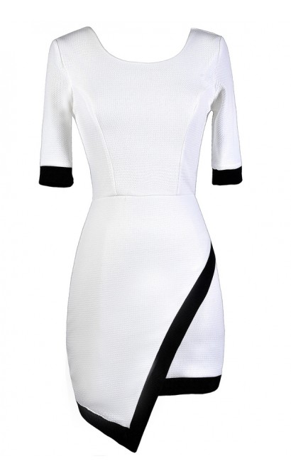 Cute White Dress, White and Black Pencil Dress, White Crossover Hemline Dress, White Contrast Sheath Dress