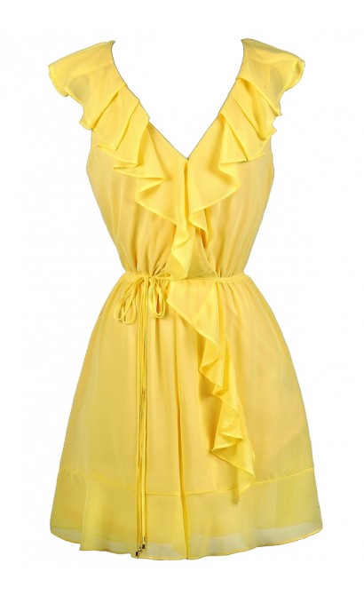 Cute Yellow Dress, Bright Yellow Dress, Yellow Ruffle Dress, Yellow Ruffle Wrap Dress, Yellow Party Dress, Cute Work Dress