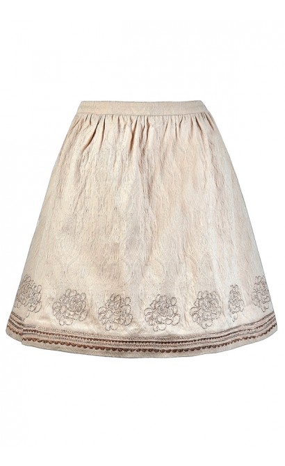 Beige A-Line Skirt, Cute Beige Skirt, Beige and Bronze Skirt, Beige Embroidered Skirt, Cute Fall Skirt, Cute Summer Skirt, Metallic Embroidered Skirt, Cute Beige Skirt