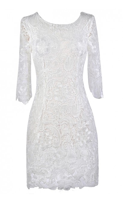 Off White Lace Dress, Cute Rehearsal Dinner Dress, Cute Bridal Shower Dress, Off White Lace Three Quarter Sleeve Dress, Ivory Lace Dress, Three Quarter Sleeve Lace Sheath Dress