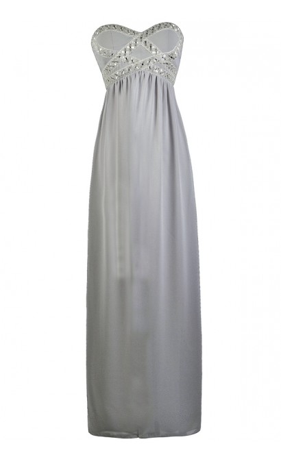 Grey Embellished Maxi Bridesmaid Formal Prom Dress