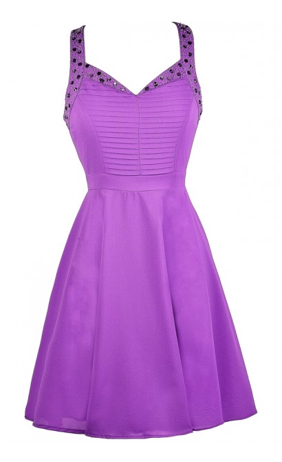 Purple Party Dress, Purple Beaded Dress, Purple Embellished Dress, Purple A-Line Dress, Purple Summer Dress, Purple Beaded Dress