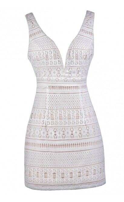 White Party Dress, White Cocktail Dress, Little White Dress, Cute White Dress, White and Beige Dress, White and Beige Lace Dress, White Plunging Neckline Dress, White Rehearsal Dinner Dress, White Bridal Shower Dress