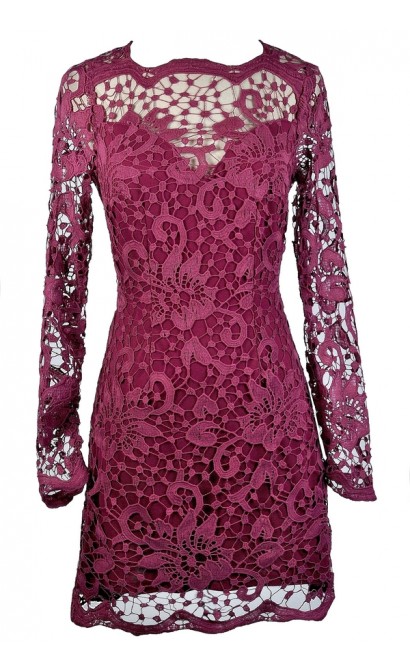 Magenta Lace Dress, Purple Lace Dress, Maroon Lace Dress, Ginger Fizz Dress, Ginger Fizz Lace Dress, Burgundy Lace Dress, Lace Pencil Dress, Longsleeve Lace Dress, Purple Lace Party Dress, Purple Lace Cocktail Dress