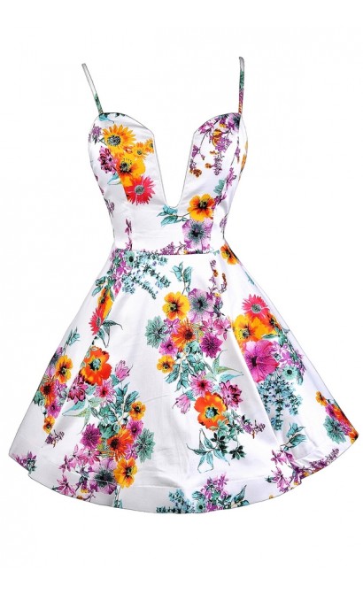 Lovecat Floral Print Dress, Floral Print Sundress, Floral Print A-line Dress, Plunging Neckline Floral Print Dress, Cute Summer Dress, Cute Sundress, Floral Print Sundress, Plunging Neckline Floral Print Sundress