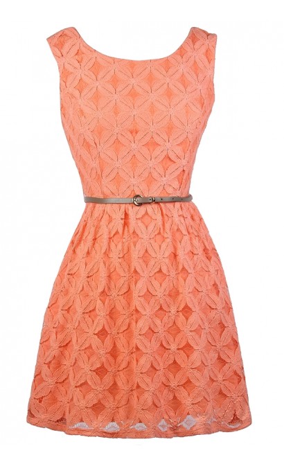 Orange Peach Lace A-Line Dress, Cute Orange Peach Lace Dress, Orange Peach Belted Lace Dress
