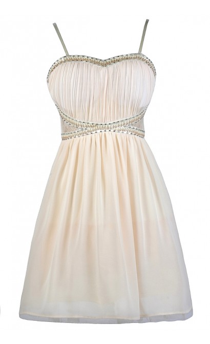 Cream Party Dress, Cream Beaded Dress, Cream Embellished Dress, Cute Cream Dress, Cream Cocktail Dress