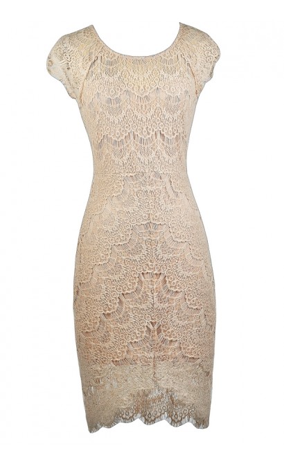 Beige Lace Sheath Dress, Beige Lace Cocktail Dress, Beige Lace High Low Dress, Beige Lace Party Dress