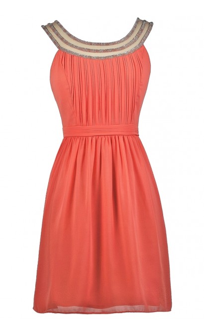 Coral Embellished Neckline Dress, Cute Coral Dress, Coral Beaded Party ...