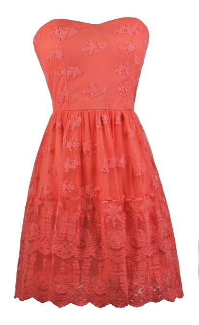 Cute Coral Pink Embroidered Dress, Coral Pink Strapless Party Dress, Coral Pink Cocktail Dress, Coral Pink Embroidered Sundress