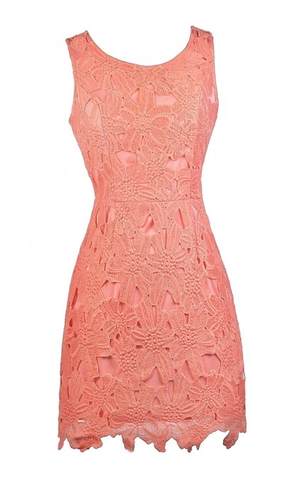 Peachy Pink Lace Sheath Dress, Peach Lace Bridesmaid Dress, Cute Pink Dress, Peach Lace Dress