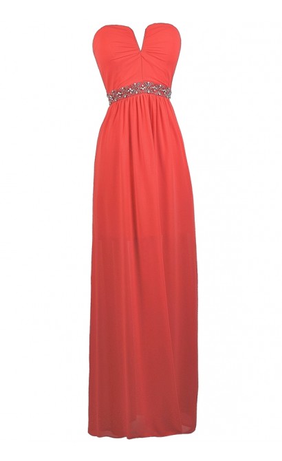 Coral V Dip maxi dress, Cute Coral Prom Dress, Coral Strapless Maxi Dress, Coral beaded Maxi Dress