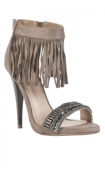 Taupe Fringe Heels, Beige Fringe Heels, Cute Fringe Heels