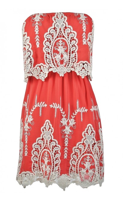 Cute Coral Dress, Coral and Ivory Dress, Coral Embroidered Dress, Coral Sundress, Coral Summer Dress