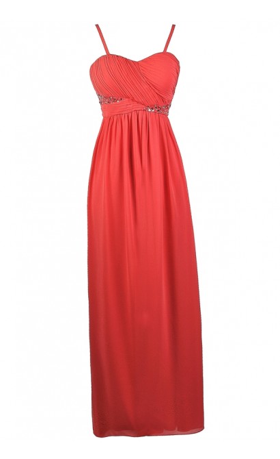 Coral Embellished Maxi Dress, Coral Prom Dress, Coral Formal Dress, Cute Coral Chiffon maxi Dress