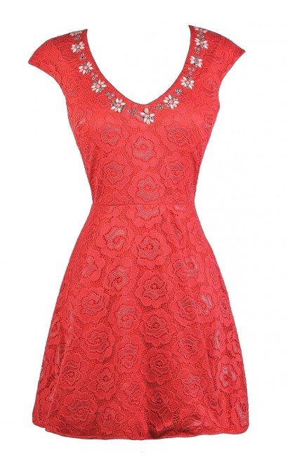 Coral Lace A-Line Dress, Cute Coral Dress, Coral Lace Party Dress, Coral Embellished Dress