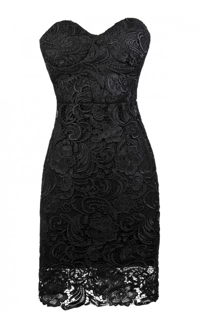 Black Strapless Lace Dress, Black Lace Bustier Dress, Black Lace ...