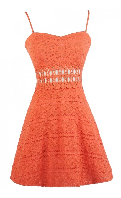 Orange Lace A-line Dress, Cute Orange Dress, Orange Lace Party Dress, Orange Lace Sundress