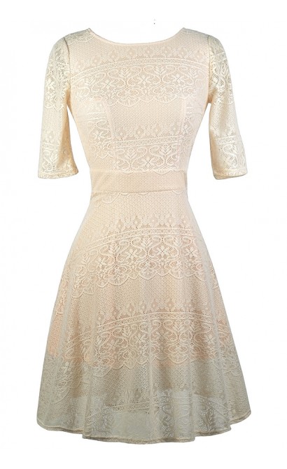 Beige and Peach Lace Dress, Beige Lace A-Line Dress, Cute Beige Dress, Beige Lace Sundress