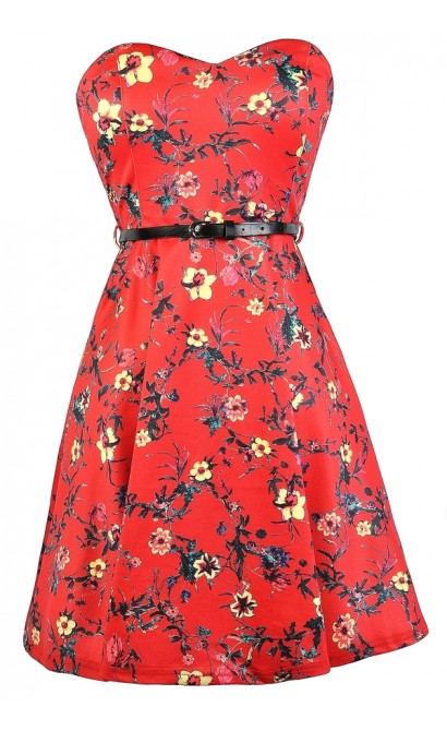 Red Floral Print Dress, Cute Sundress, Floral Print Belted Dress, Cute ...