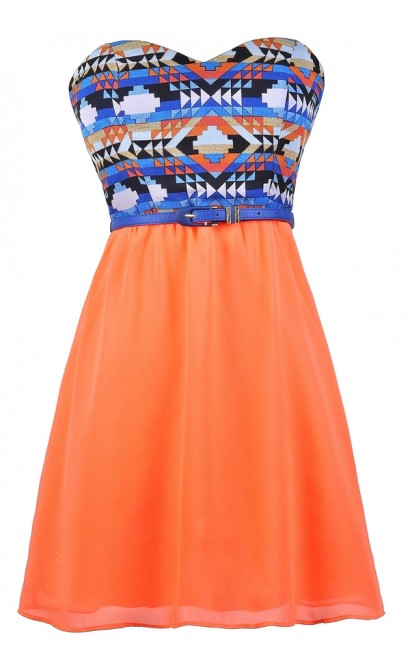 Neon Orange and Blue Dress, Blue and Orange Sundress, Neon Orange Dress, Southwestern Print Sundress, Cute Belted Dress, Orange and Blue A-Line Dress, Neon Summer Dress, Neon Orange Southwestern Print Dress