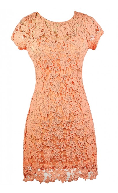 Coral Pink Lace Dress, Cute Peach Lace Sheath Dress, Coral Peach Pink Lace Summer Dress, Cute Lace Dress, Crochet Lace Sheath Dress