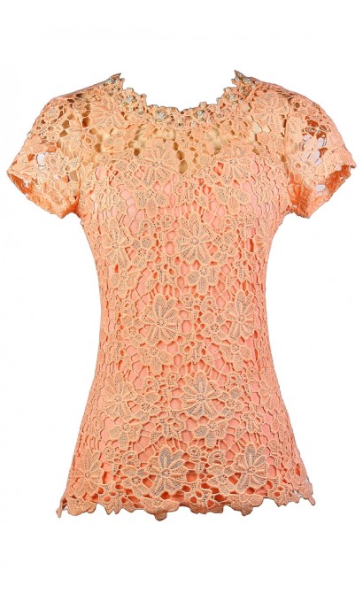 Peach Lace Top, Cute Lace Top, Lace Summer Top, Lace Capsleeve Top, Pearl Lace Top, Peach Orange Peach Lace Top