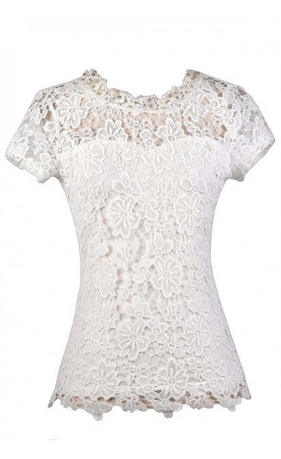 Off White Lace Top, Cute Lace Top, Ivory Lace Top, Off White Lace and Pearl Top, Lace Capsleeve Top, Cute Summer Top, Lace Summer Top, Ivory Lace Top