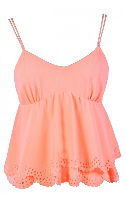 Cute Peach Top, Peach Summer Top, Neon Peach Top, Coral Peach Top, Bright Peach Top, Peach Eyelet Top, Peach Crop Top