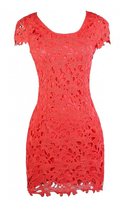 Cute Coral Dress, Coral Lace Dress, Coral Capsleeve Lace Dress, Coral Lace Party Dress, Coral Summer Dress